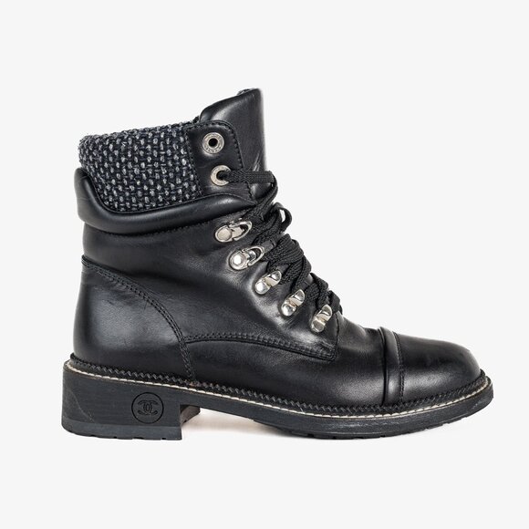 Chanel 15A Black Leather Tweed-Trim Lace-Up Short Boots, Size 6 - Picture 1 of 12
